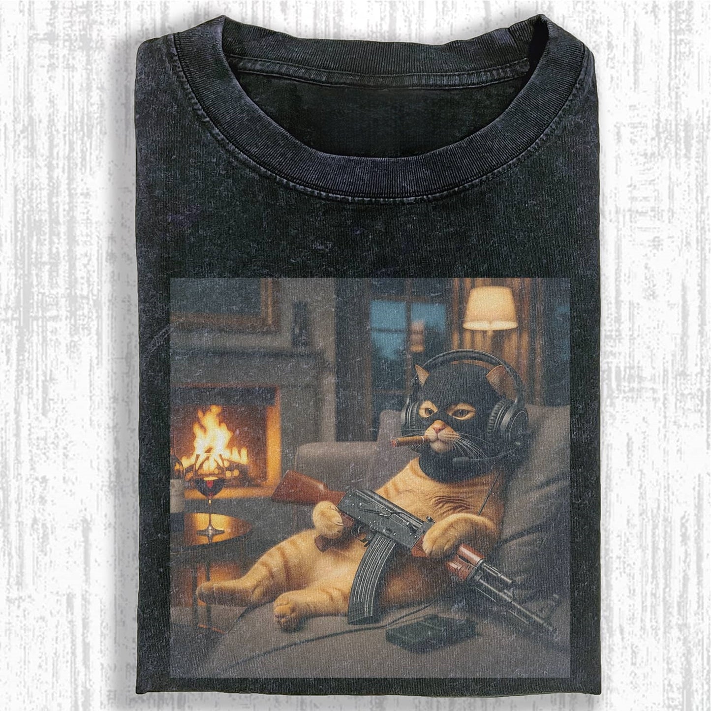 Wacky Tough Cat Lounging with Gun T-shirt