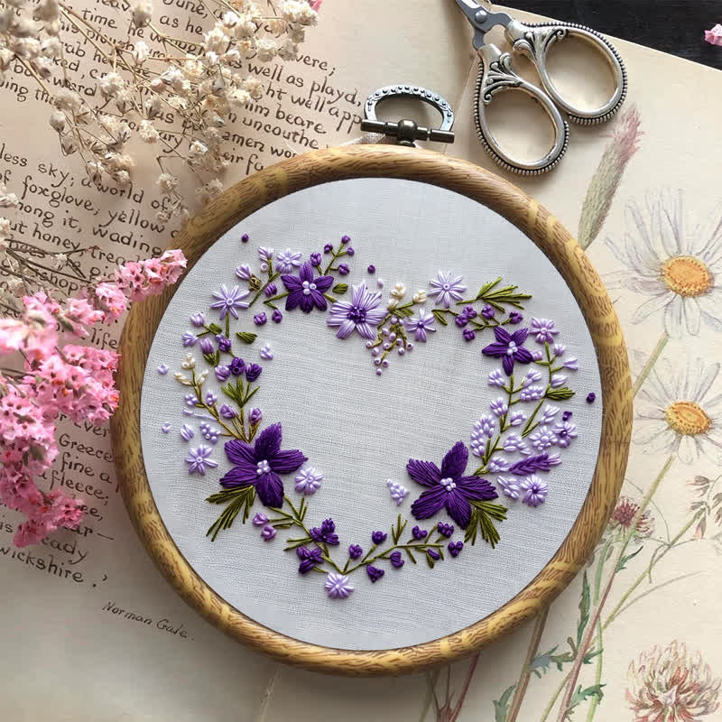 Rubbyoo Embroidery Kit - Purple Floral Heart Wreath