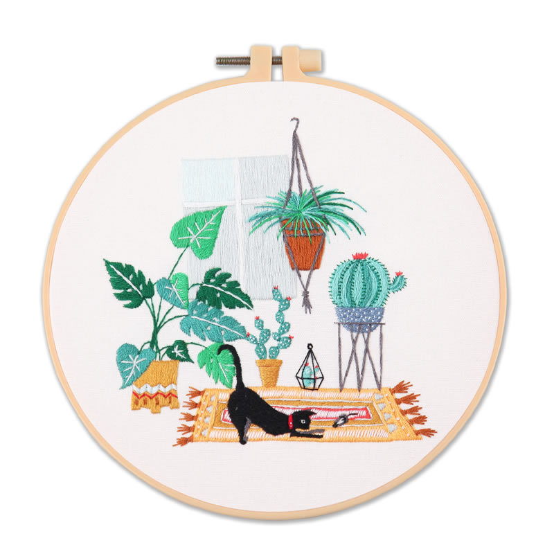 Black Cat And Greenery Nook  - Themed DIY Embroidery Kits