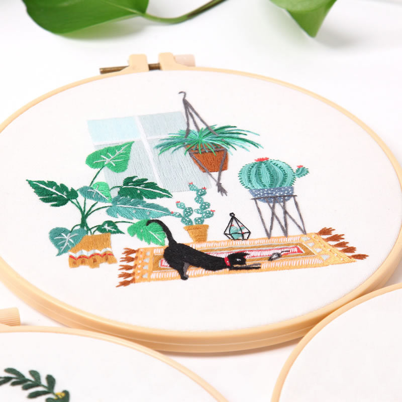 Black Cat And Greenery Nook  - Themed DIY Embroidery Kits