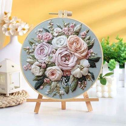 Pastel Rose Bouquet Embroidery Kit