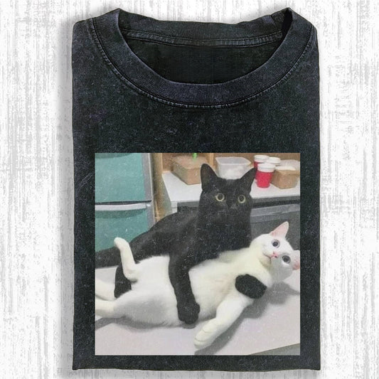 Wacky Black and White Cats Hugging Funny T-shirt