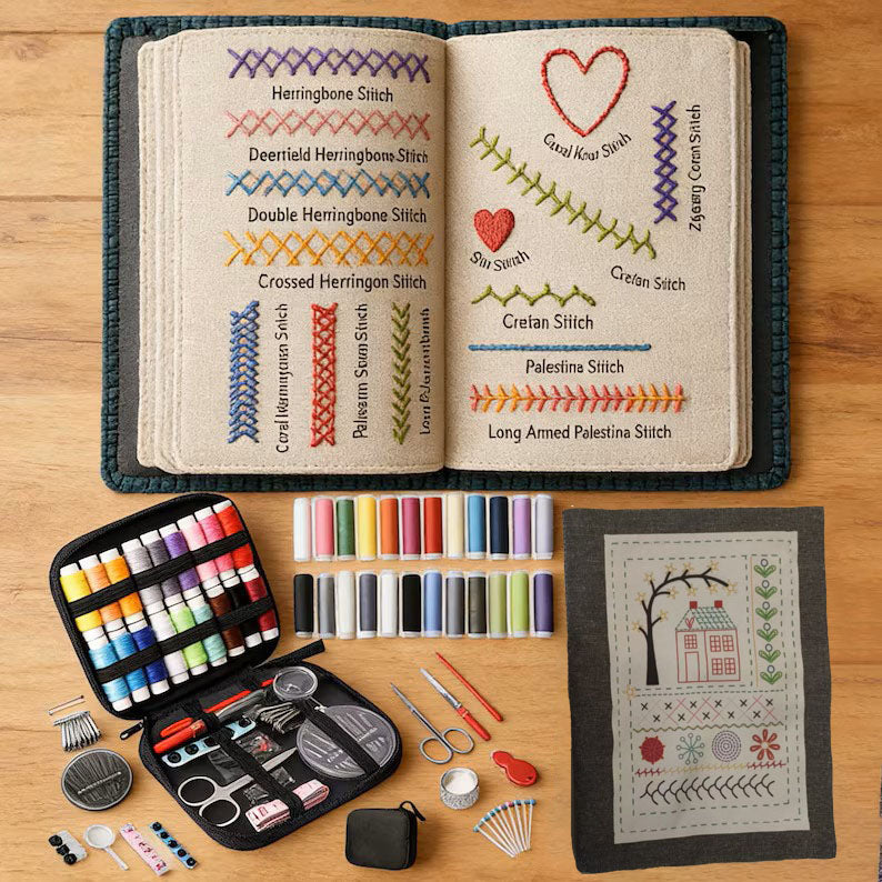 All-in-One Embroidery Starter Kit | Complete Craft Set with Threads, Tools and Stitch Sampler Book for Beginners