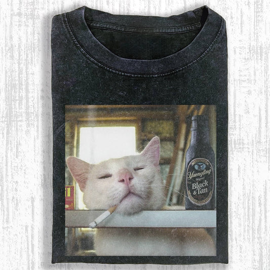 Wacky Smoking White Cat with Beer T-shirt