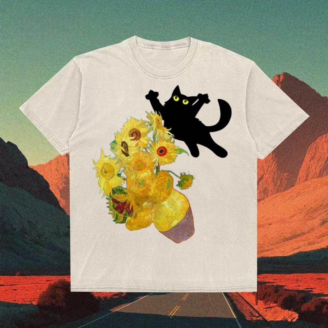 Van Gogh Sunflowers & Black Cat Parody T-shirt