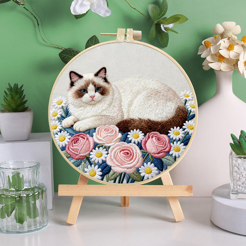 UrCustomHUB -Sleepy Cat And Floral - Themed DIY Embroidery Kits