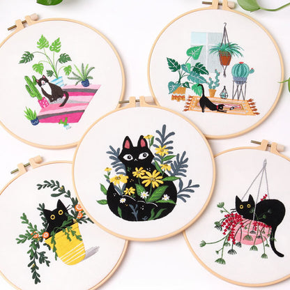 Black Cat And Greenery Nook  - Themed DIY Embroidery Kits