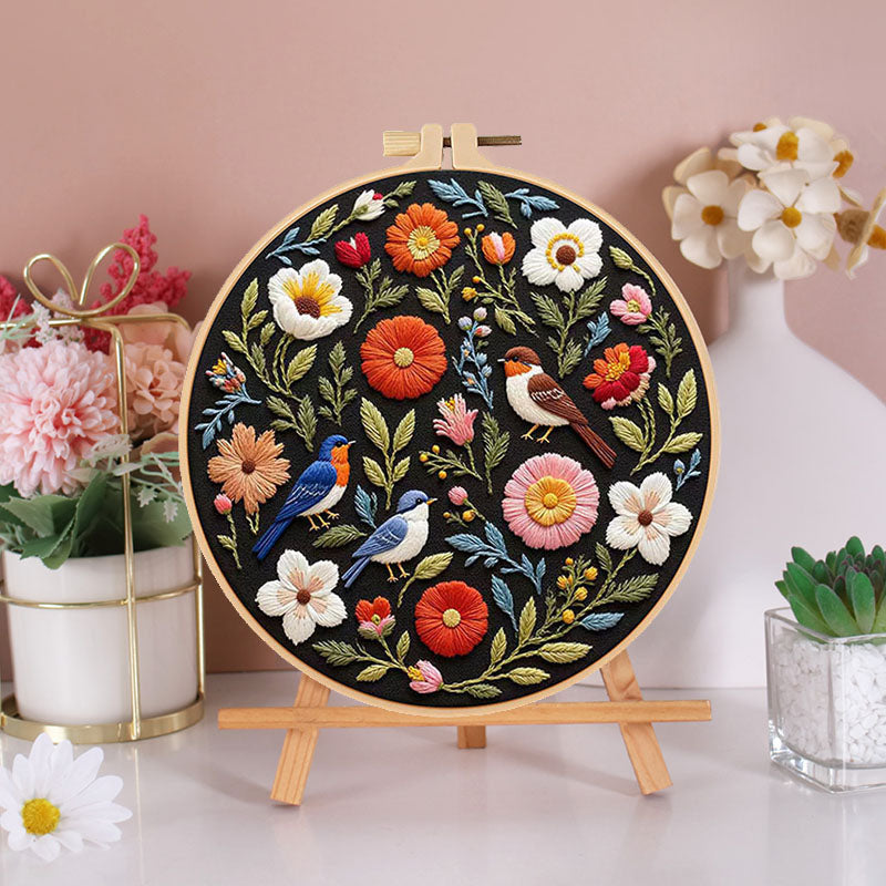 Birds And Blooms Dark Fabric  - Themed DIY Embroidery Kits
