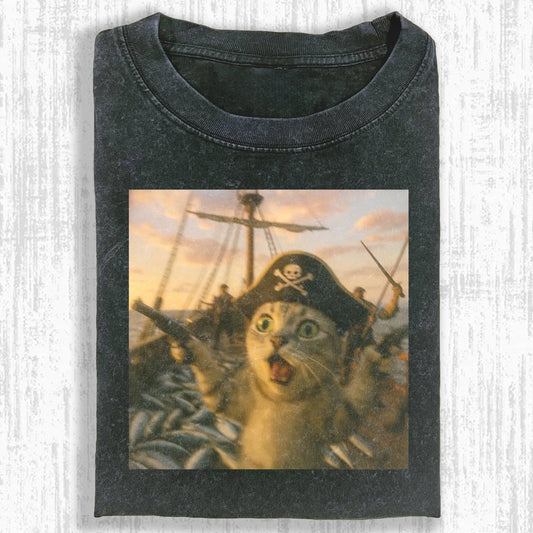 Wacky Pirate Cat on Ship T-shirt