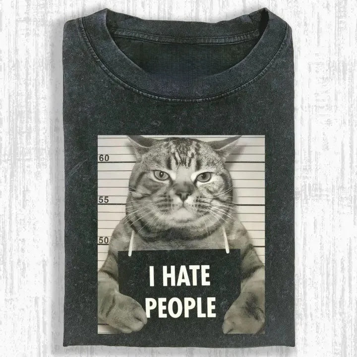 Wacky Mugshot Cat with "I HATE PEOPLE" T-shirt