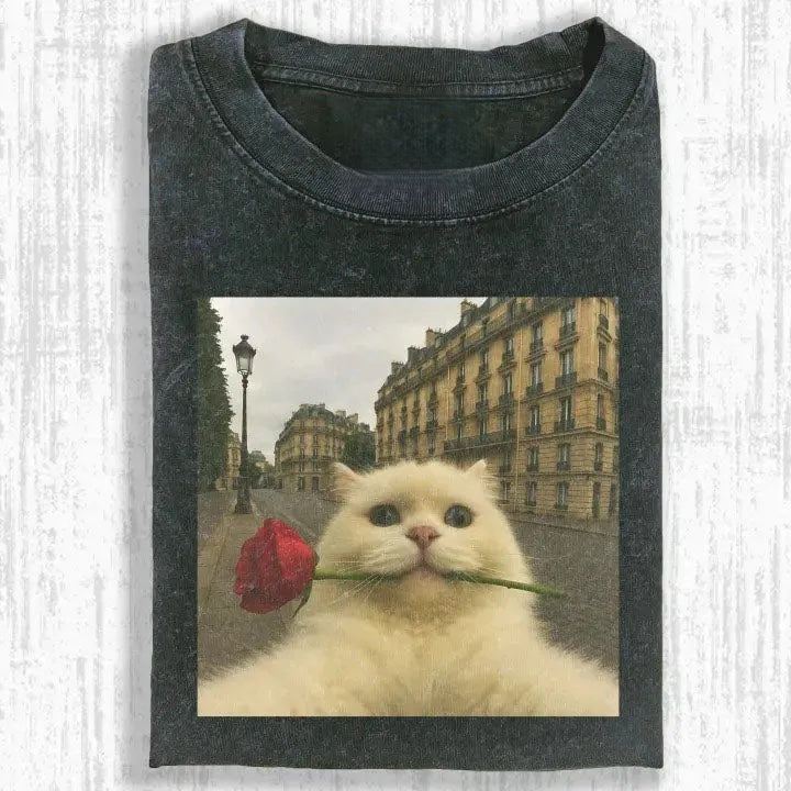 Wacky Cat with Rose in Paris T-shirt