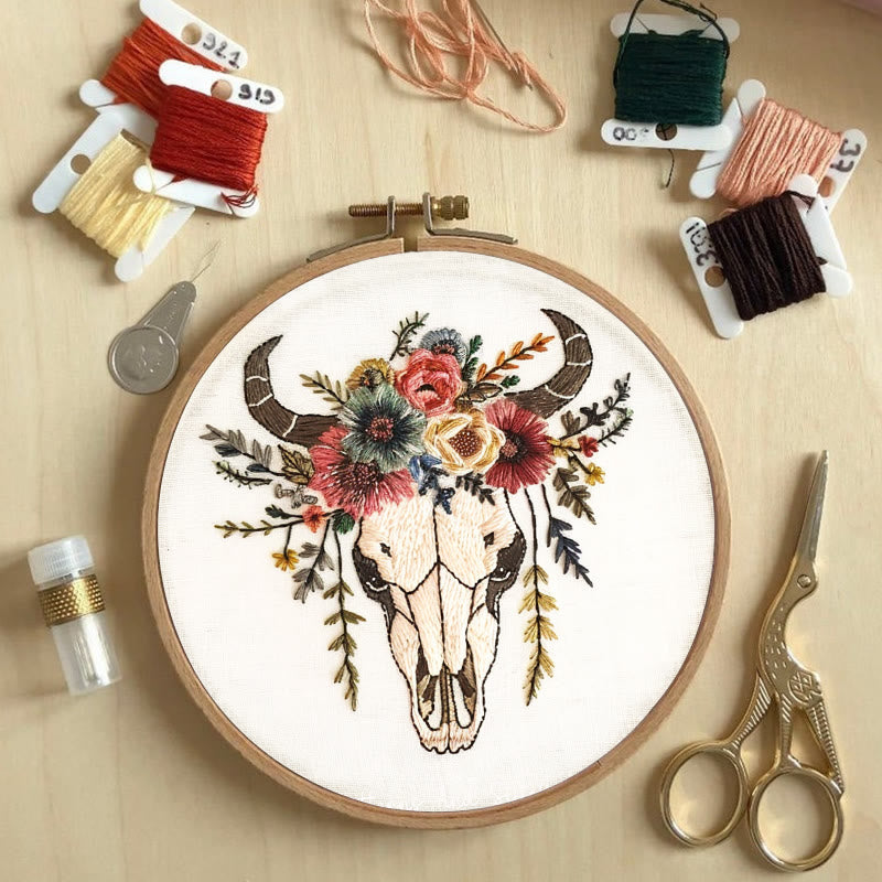 Rubbyoo Embroidery Kit - Floral Skull | Hand Stitch  Wall Decor