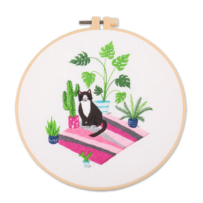 Black Cat And Greenery Nook  - Themed DIY Embroidery Kits