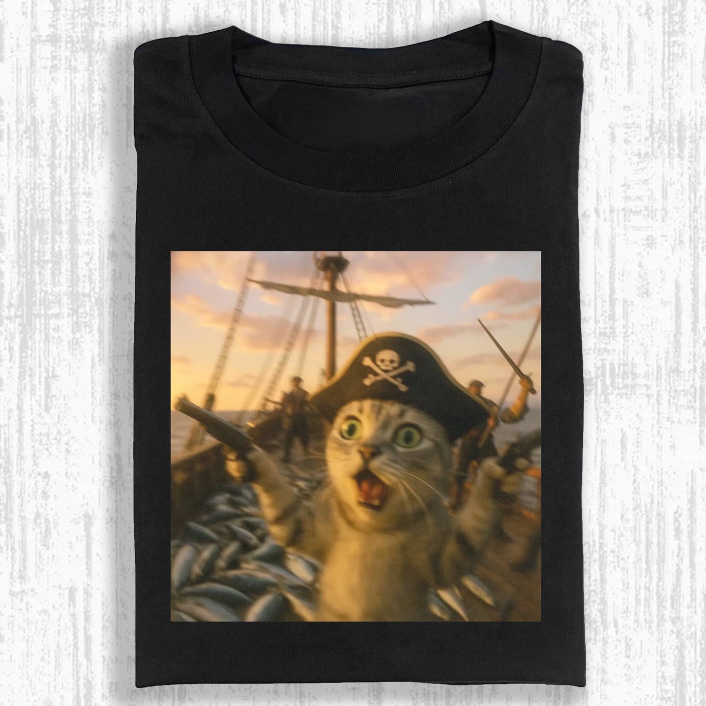 Wacky Pirate Cat on Ship T-shirt
