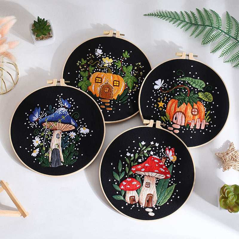 Enchanted Mushroom and Pumpkin House Embroidery Kit: Create Your Fairytale Haven