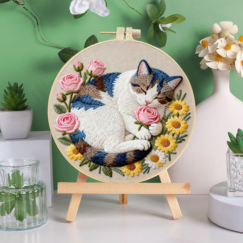 UrCustomHUB -Sleepy Cat And Floral - Themed DIY Embroidery Kits