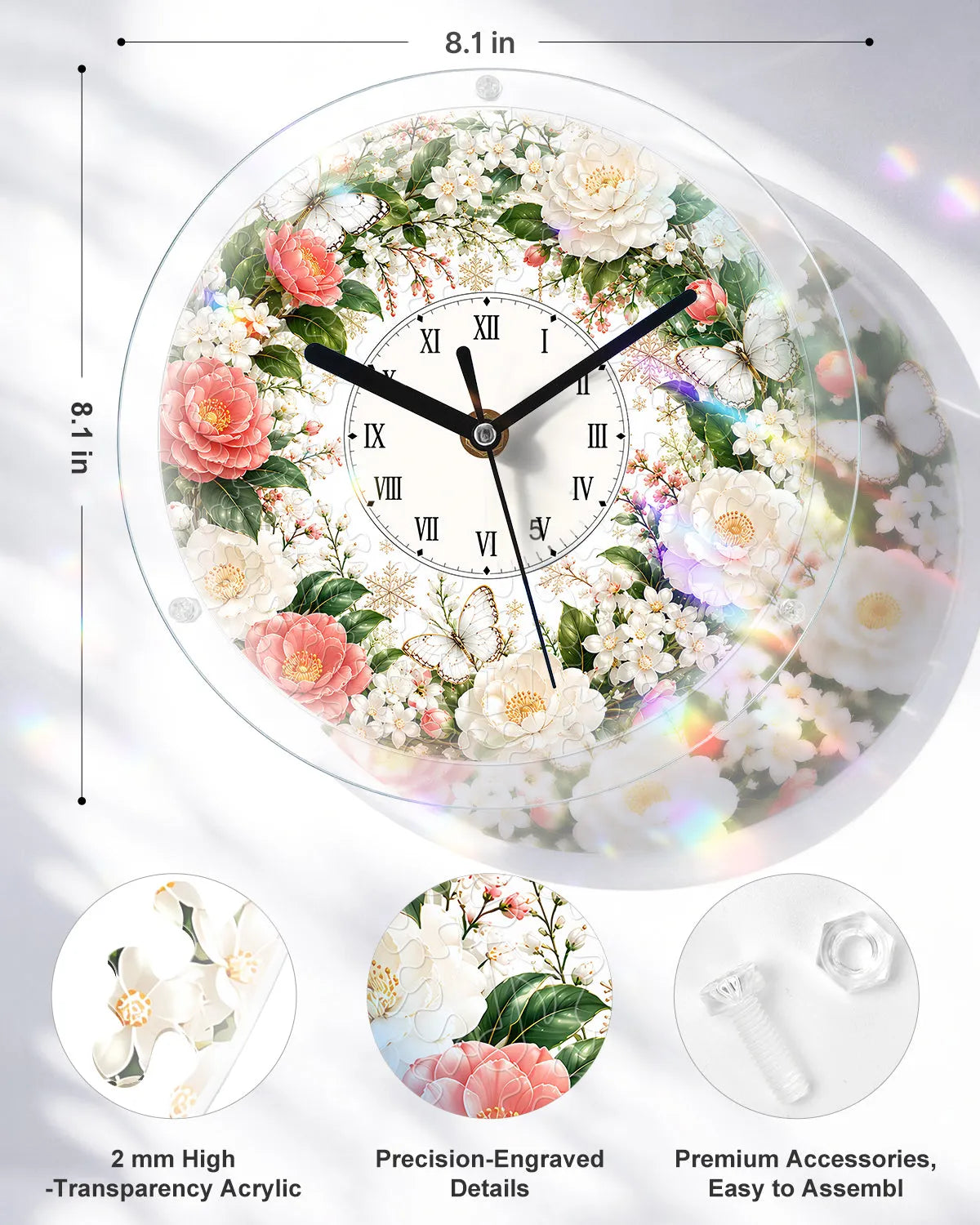 DIY Acrylic Puzzle Clock Kit - Pink White Roses