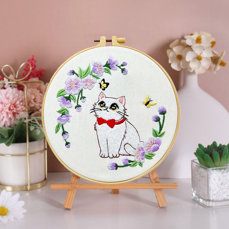 Whimsical Cat And Garden Embroidery Kit