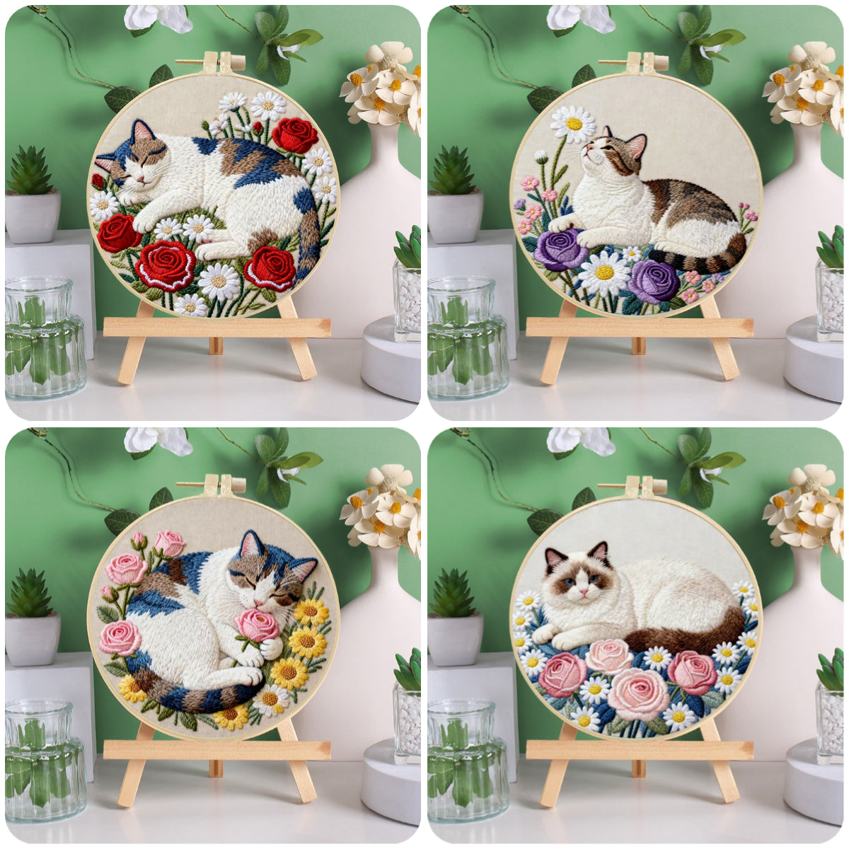 UrCustomHUB -Sleepy Cat And Floral - Themed DIY Embroidery Kits