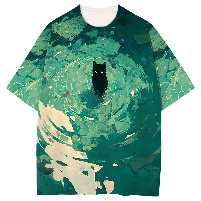 Emerald Green Black Cat Graphic Print T-shirt