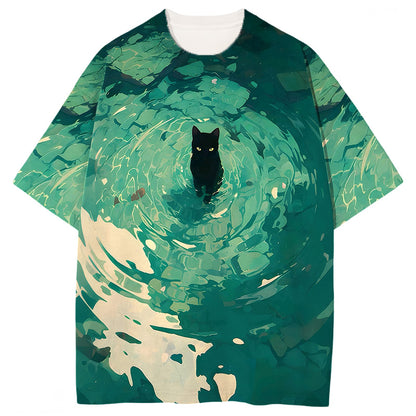 Emerald Green Black Cat Graphic Print T-shirt