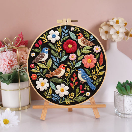 Birds And Blooms Dark Fabric  - Themed DIY Embroidery Kits