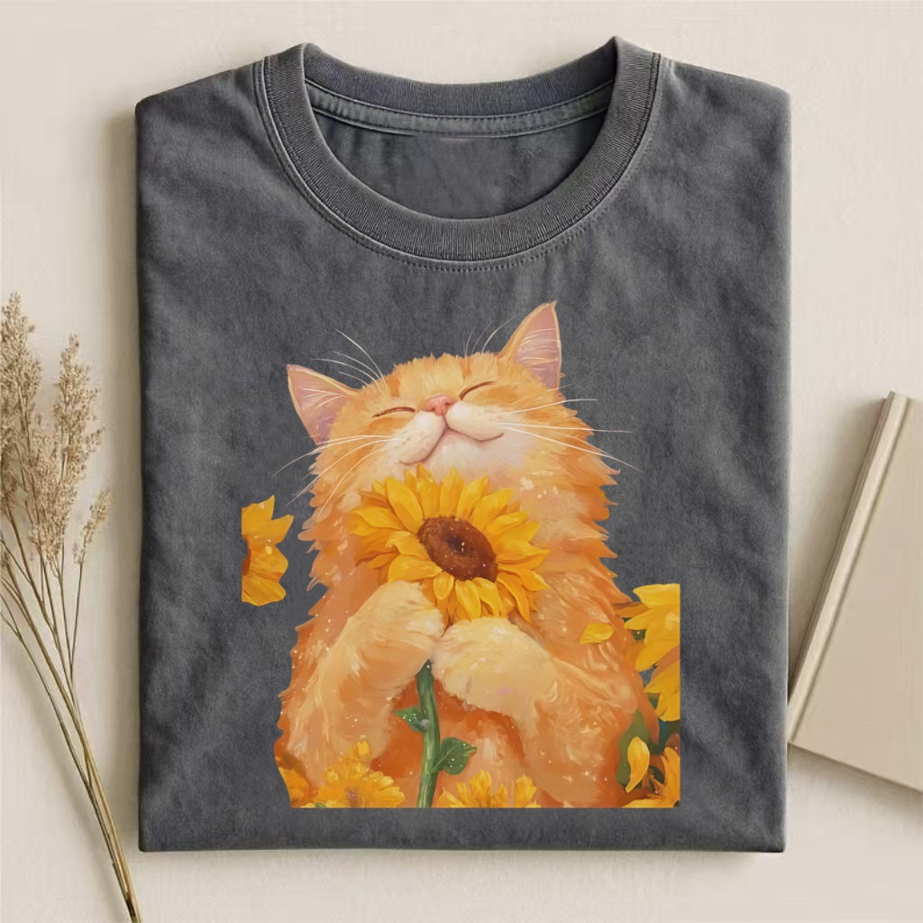 Orange Cat With Sunflower Watercolor T-shirt