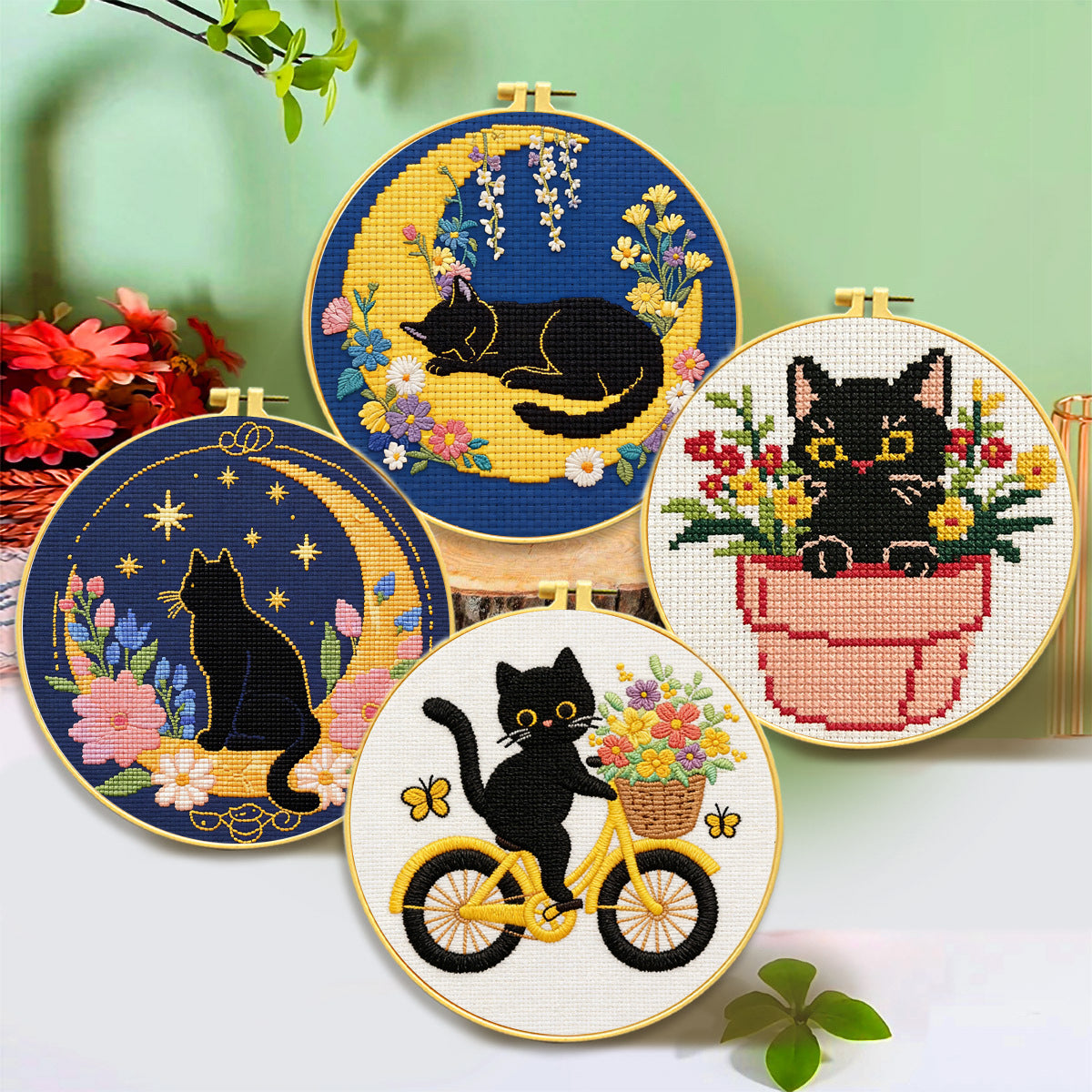Whimsical Black Cat Embroidery Kit