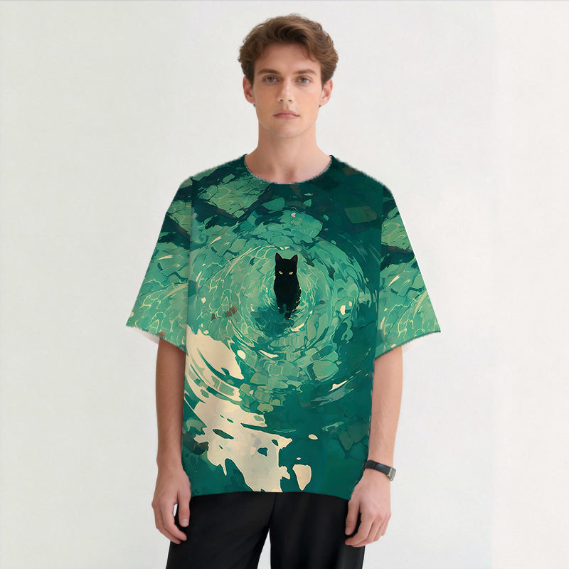 Emerald Green Black Cat Graphic Print T-shirt