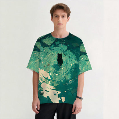 Emerald Green Black Cat Graphic Print T-shirt