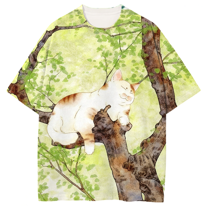 Cat On The Tree Graphic Print T-Shirt