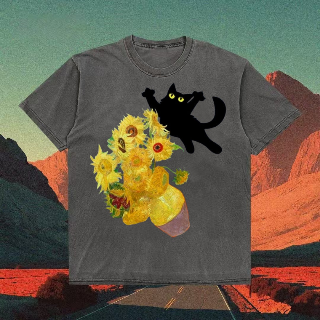 Van Gogh Sunflowers & Black Cat Parody T-shirt