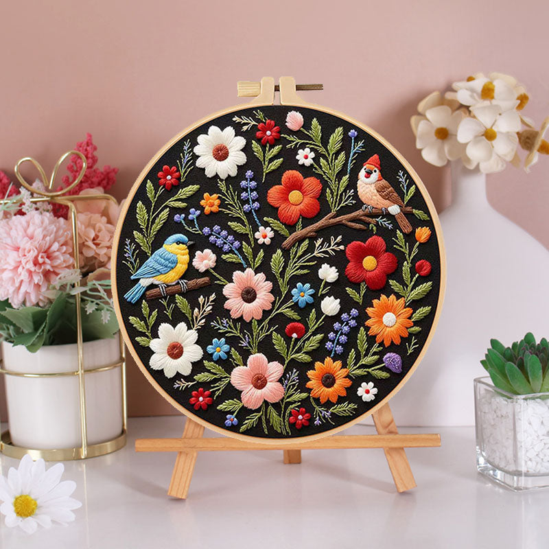 Birds And Blooms Dark Fabric  - Themed DIY Embroidery Kits