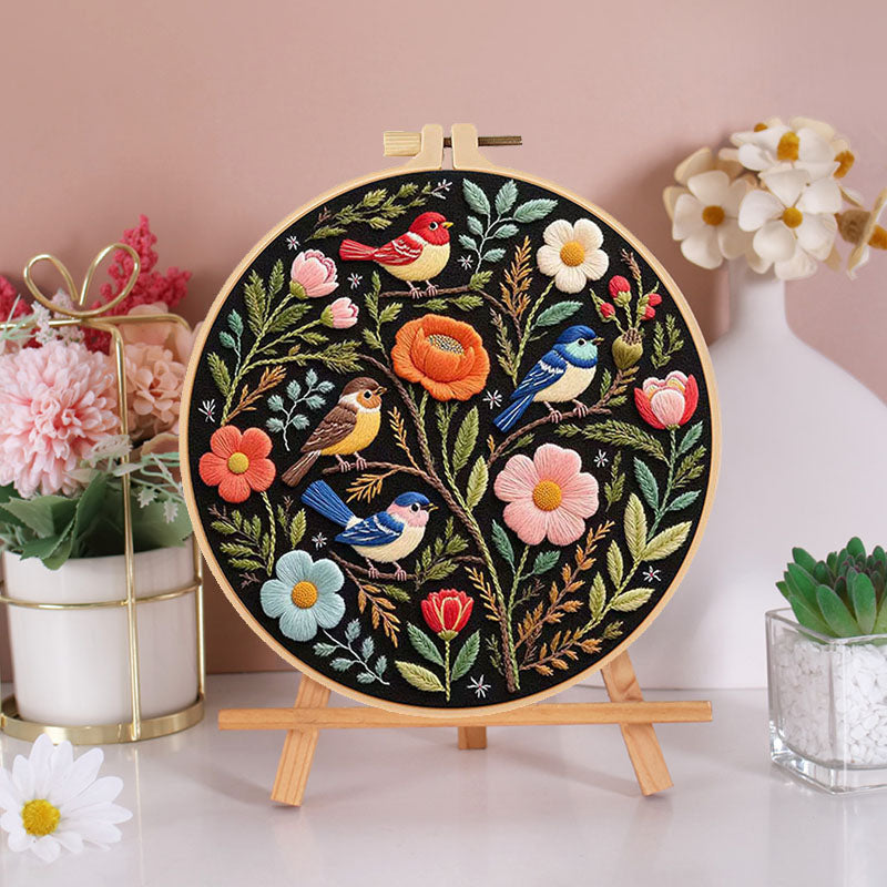 Birds And Blooms Dark Fabric  - Themed DIY Embroidery Kits