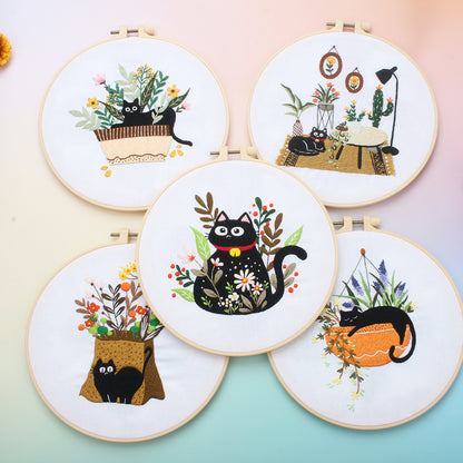 Cute Black Cat Collection with Floral   -Themed DIY Embroidery Kits