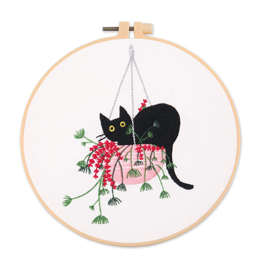 Black Cat And Greenery Nook  - Themed DIY Embroidery Kits