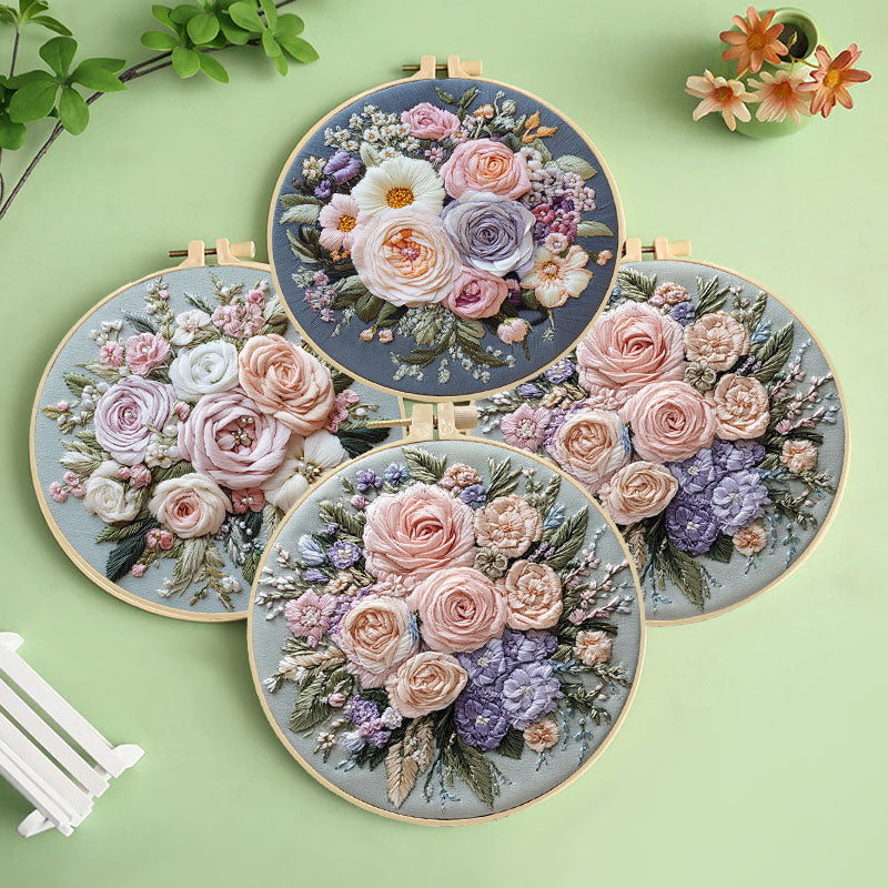 Pastel Rose Bouquet Embroidery Kit