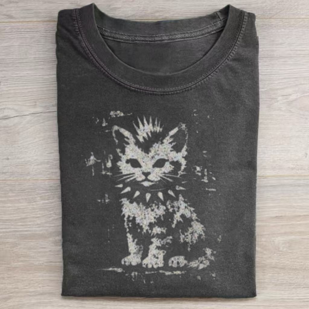 Punk Rock Kitty Distressed Graphic T-Shirt