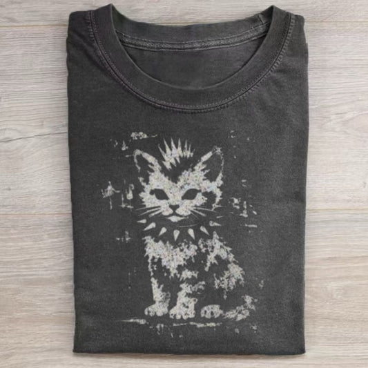 Punk Rock Kitty Distressed Graphic T-Shirt
