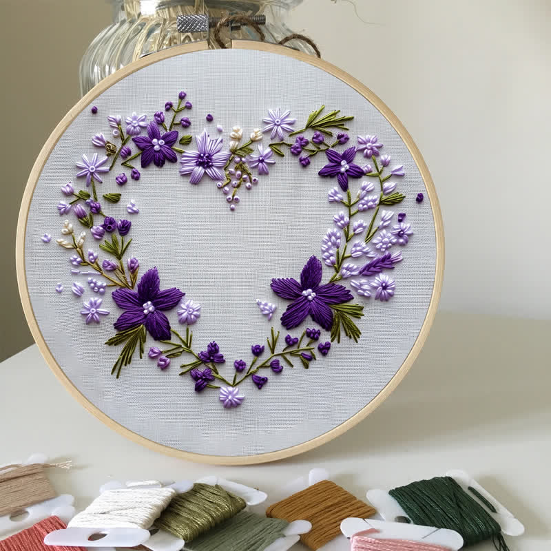 Rubbyoo Embroidery Kit - Purple Floral Heart Wreath
