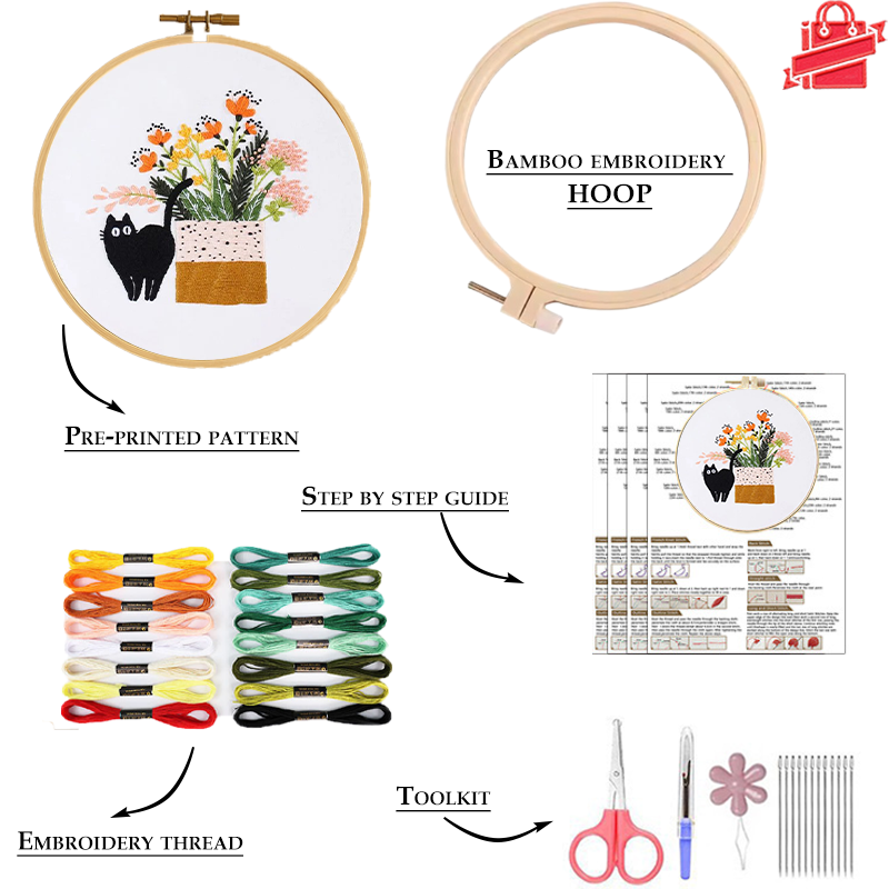 Holiday Cats Embroidery Kit for Beginners