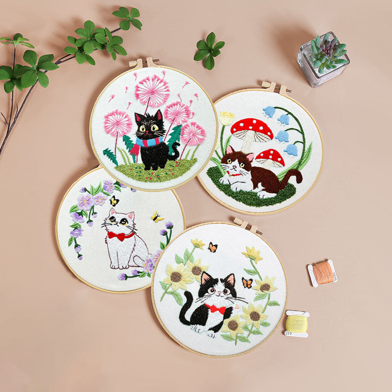Whimsical Cat And Garden Embroidery Kit