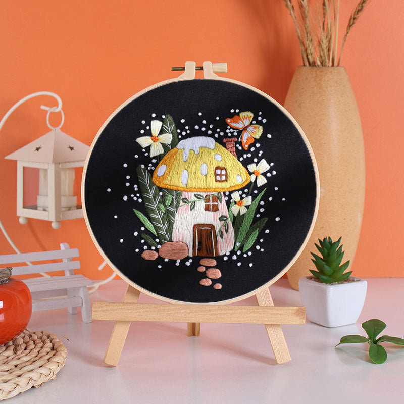 Enchanted Mushroom and Pumpkin House Embroidery Kit: Create Your Fairytale Haven