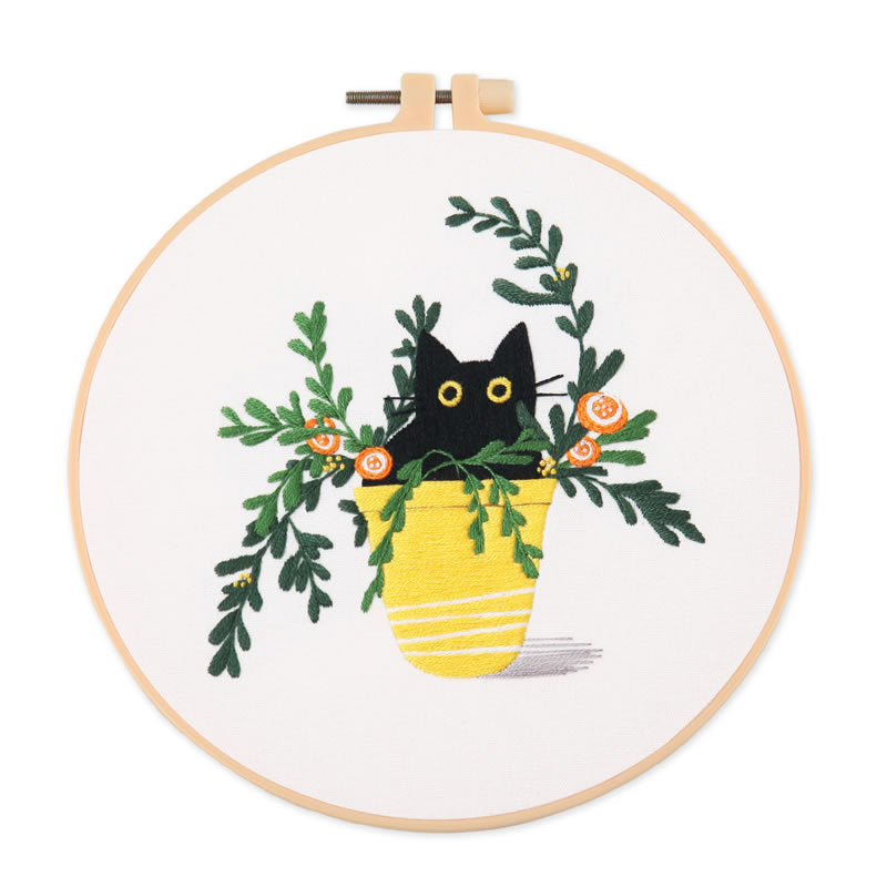 Black Cat And Greenery Nook  - Themed DIY Embroidery Kits