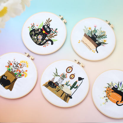 Cute Black Cat Collection with Floral   -Themed DIY Embroidery Kits