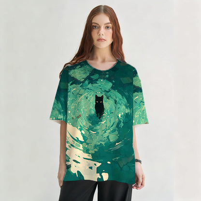 Emerald Green Black Cat Graphic Print T-shirt