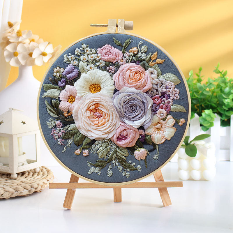 Pastel Rose Bouquet Embroidery Kit