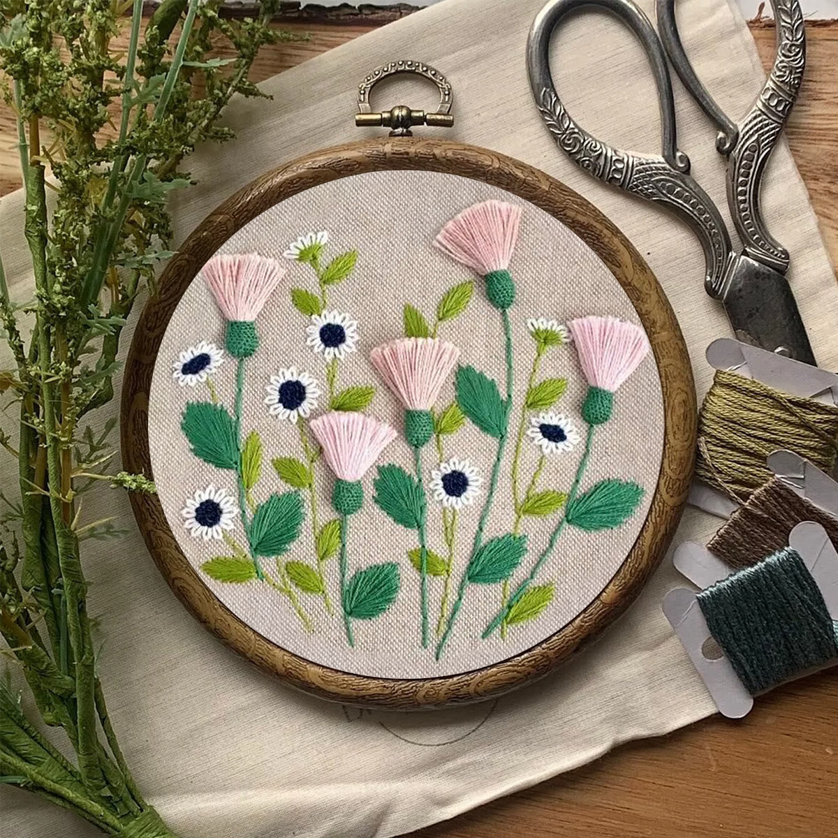 Rubbyoo Embroidery Kit- Pink Floral Pattern | Embroidery Kit For Beginner,Modern  Embroidery