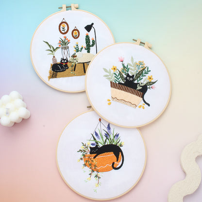 Cute Black Cat Collection with Floral   -Themed DIY Embroidery Kits