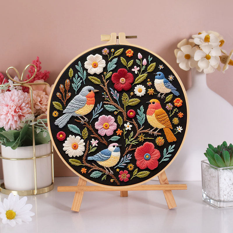 Birds And Blooms Dark Fabric  - Themed DIY Embroidery Kits